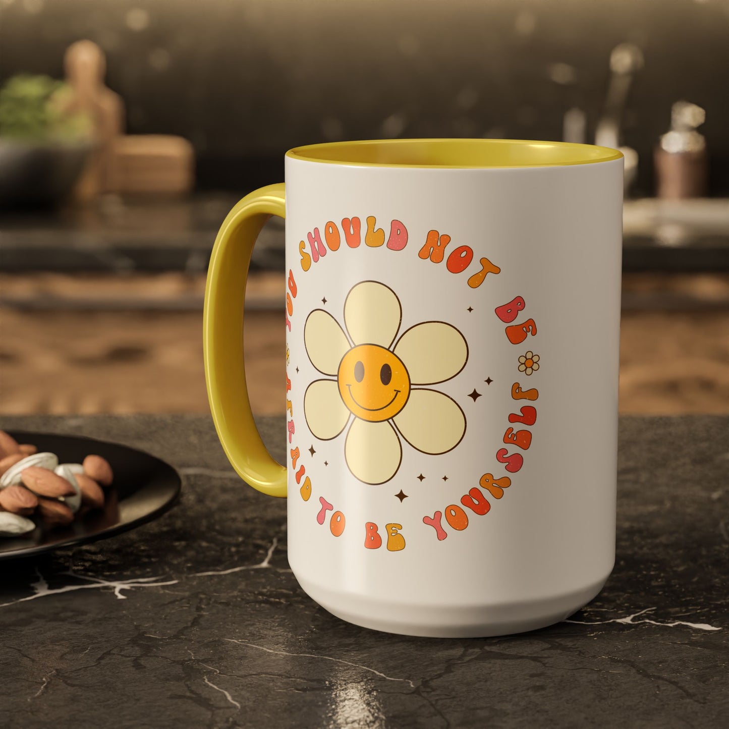 Don’t Be Afraid To Be Yourself Accent Mug – Smiley Flower | 11oz 15oz Colored Handle
