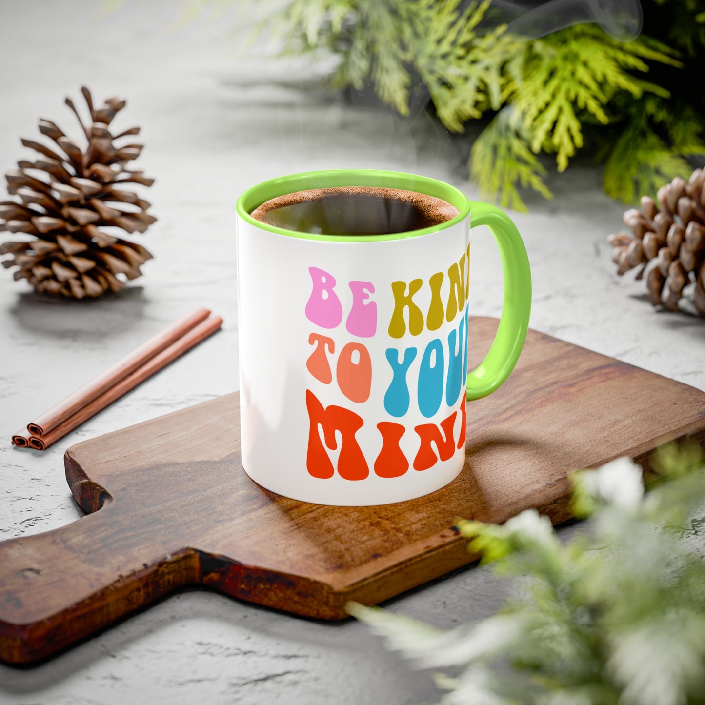 Be Kind To Your Mind Accent Mug – Retro Rainbow Letters | 11oz 15oz Multiple colors