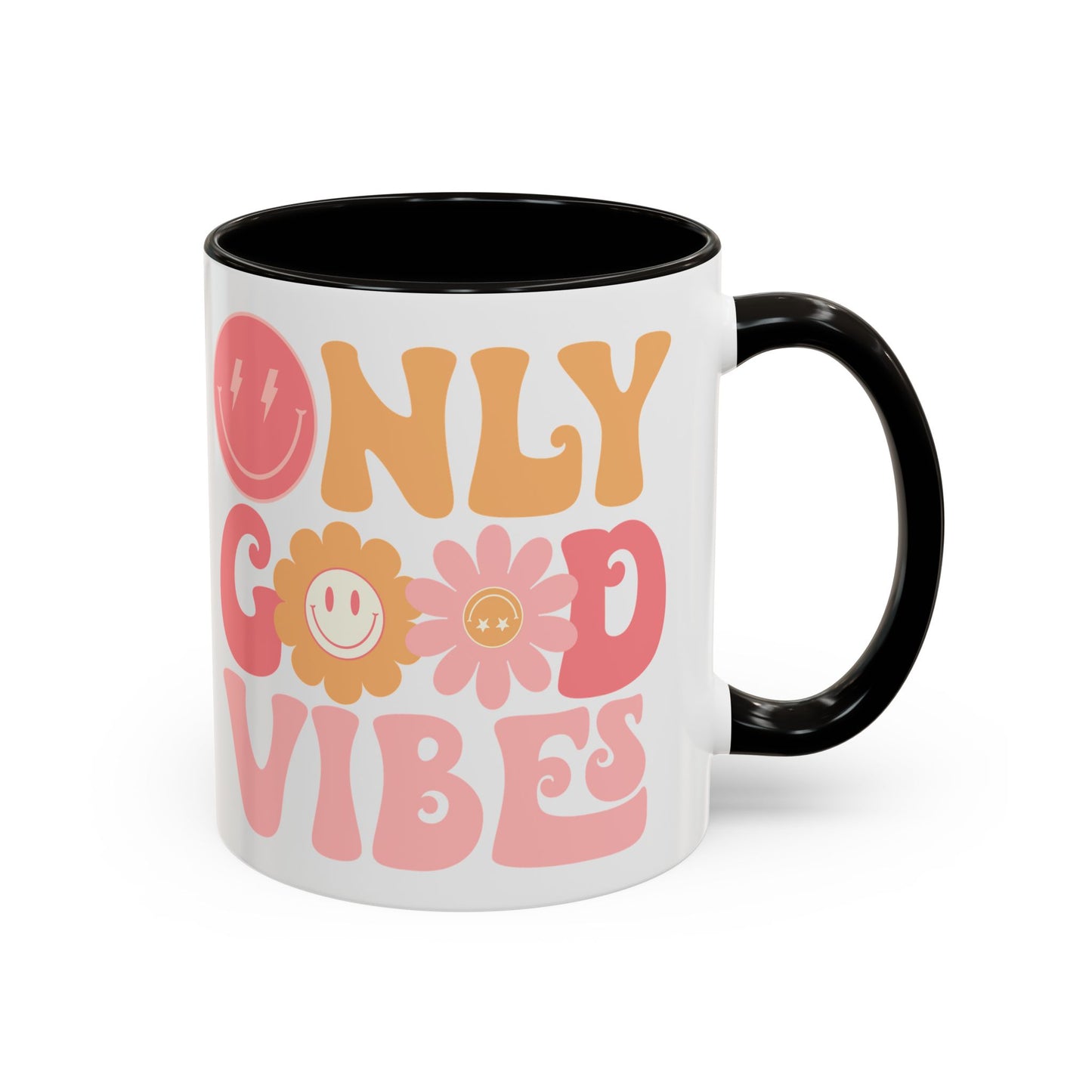 Only Good Vibes Accent Mug – Retro Bubble Letters & Flowers | 11oz 15oz Colored Handle
