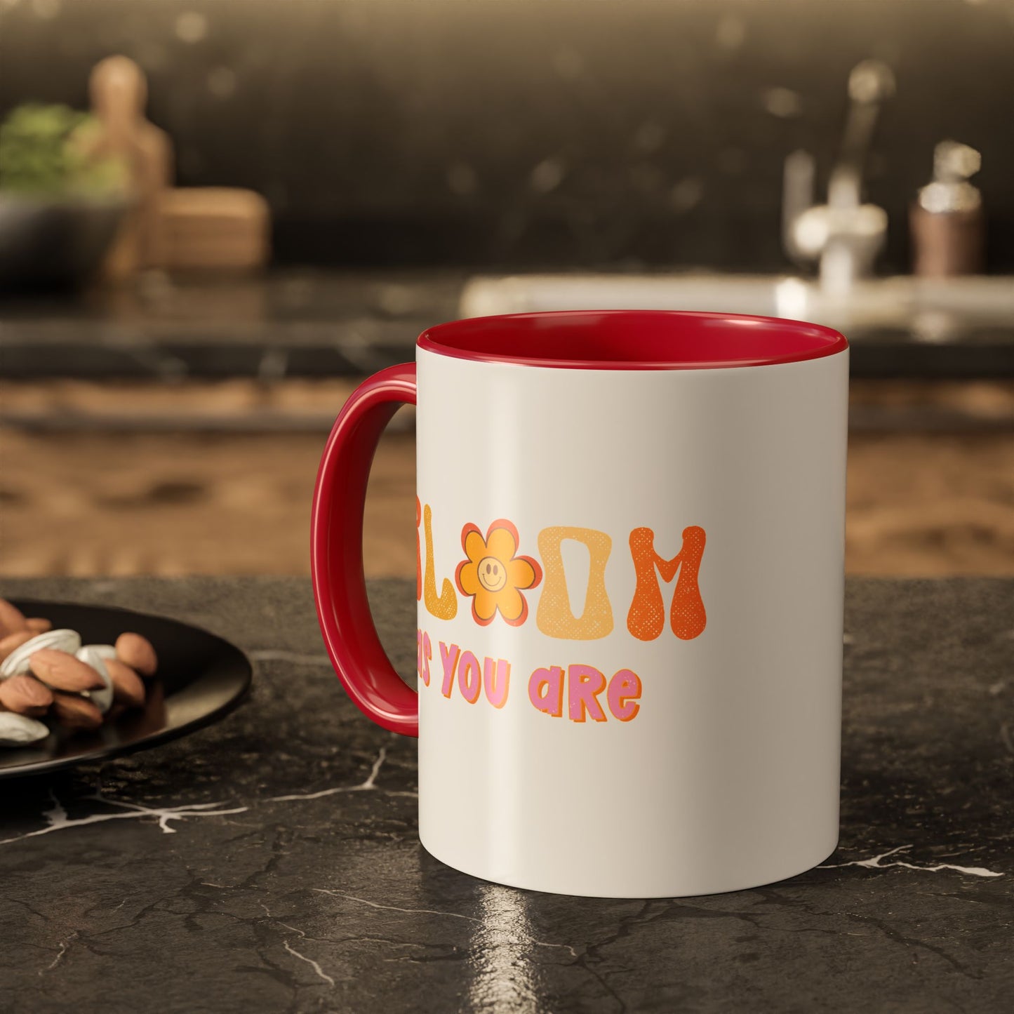 Bloom As You Are Accent Mug – Smiley Flower | 11oz 15oz Colored Handle