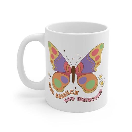 Seek Balance Not Perfection 70s Style Coffee Mug 20oz - Large Butterfly, Multicolor Groovy Font - Inspirational, Vintage Kitchenware Gift