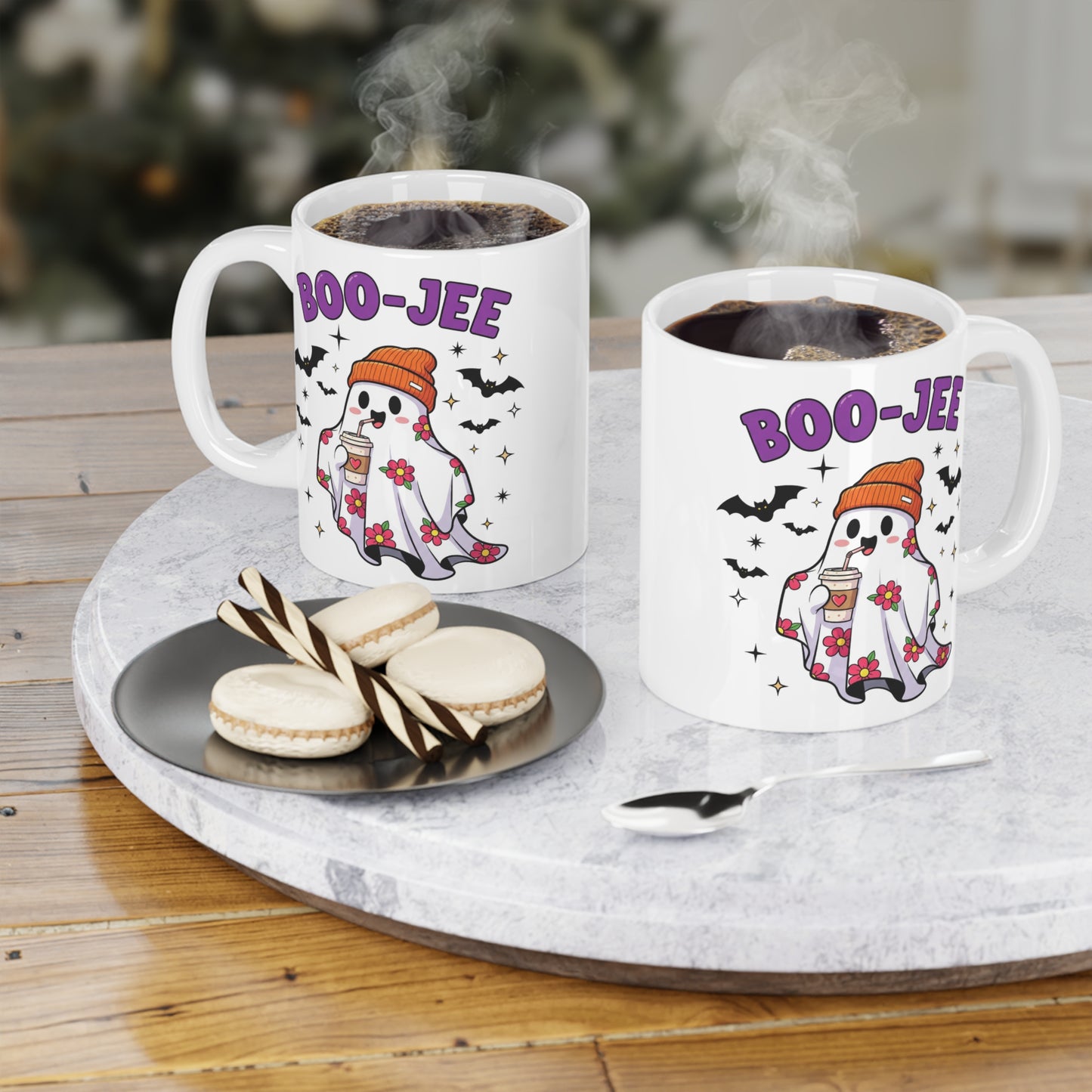 Boo-Jee Ghost Coffee Mug – White Ceramic | Halloween Groovy Vibes