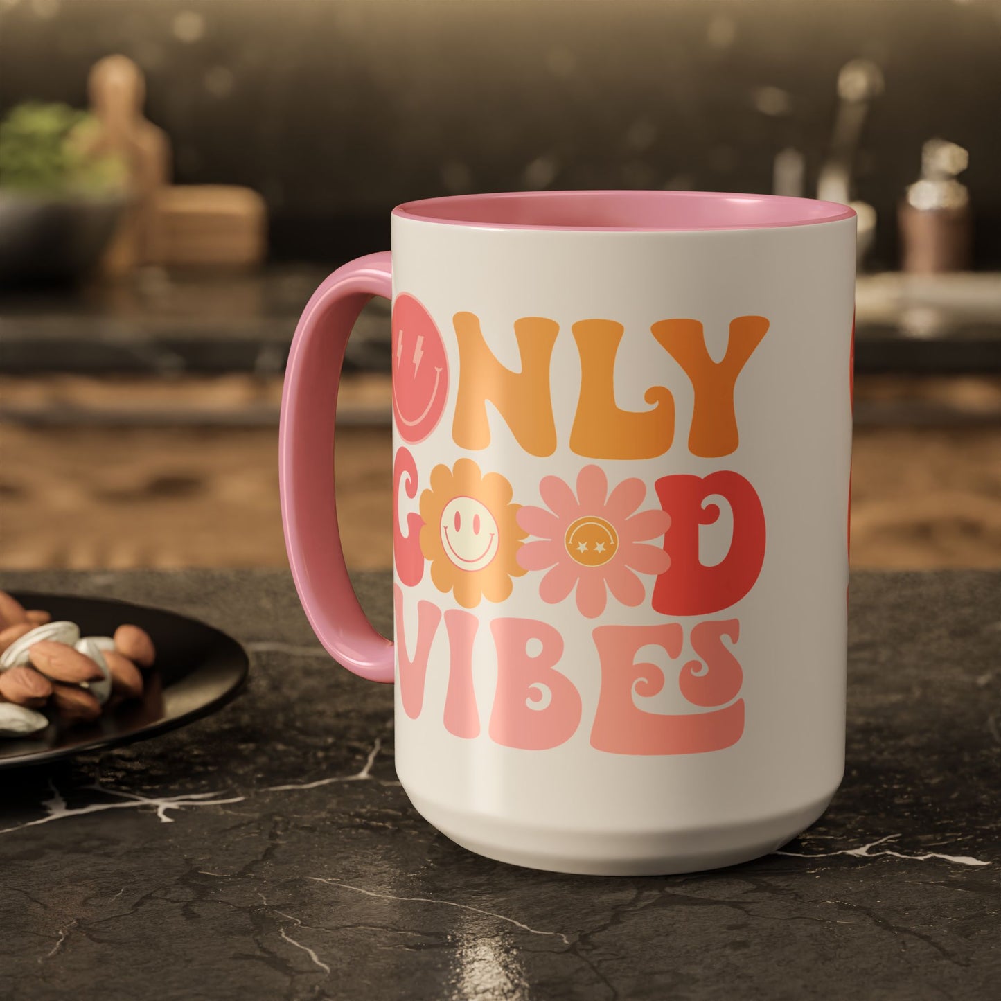 Only Good Vibes Accent Mug – Retro Bubble Letters & Flowers | 11oz 15oz Colored Handle
