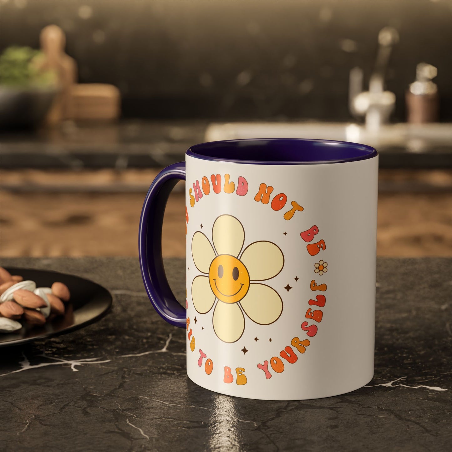 Don’t Be Afraid To Be Yourself Accent Mug – Smiley Flower | 11oz 15oz Colored Handle