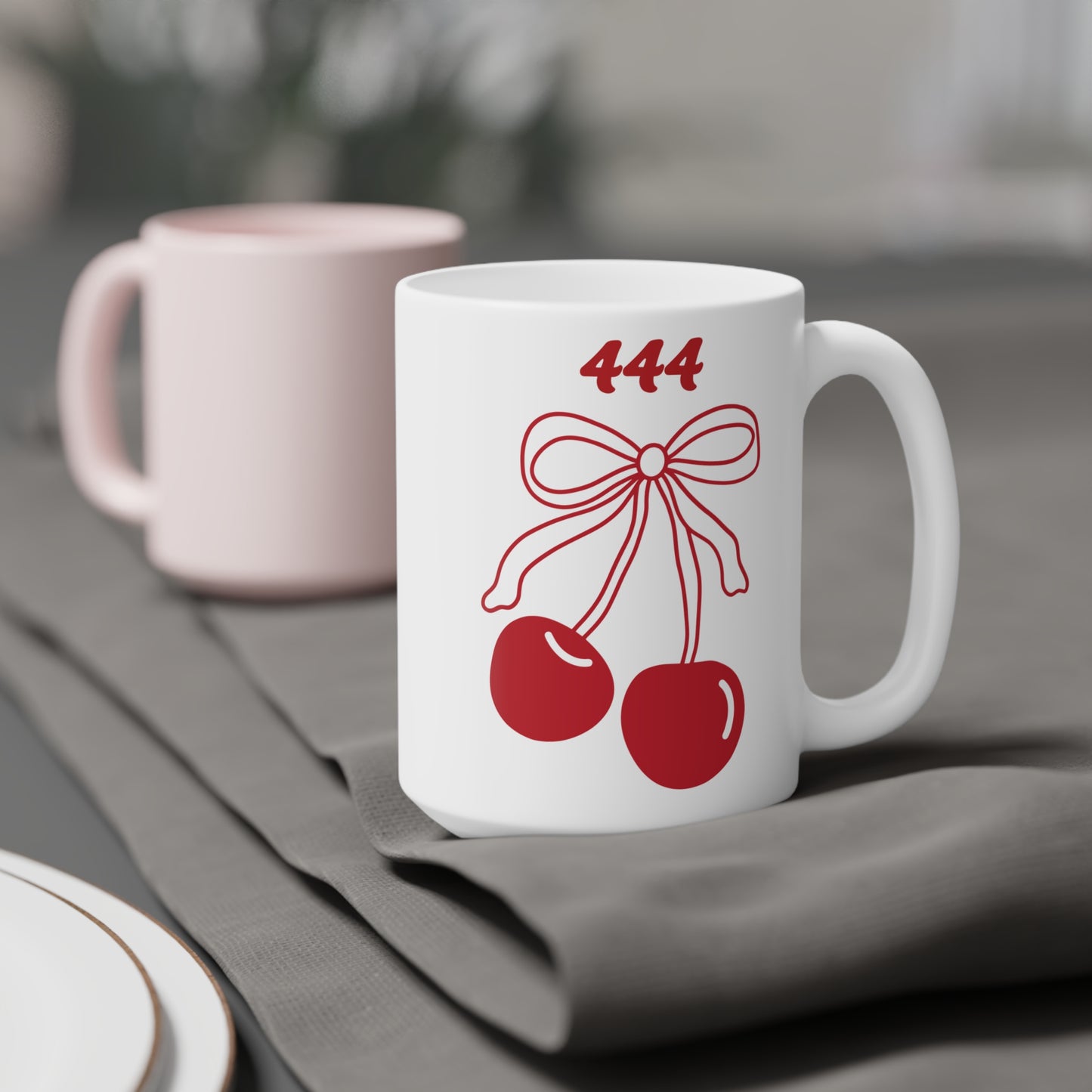 444 Angel Number Cherries Coffee Mug – Coquette Bow Kawaii | 11oz 15oz 20oz White Ceramic