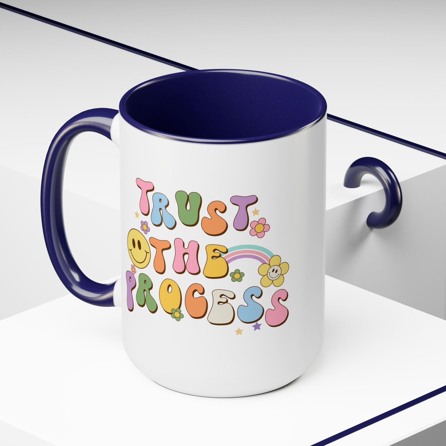 70s Retro Trust the Process Coffee Mug 15oz - Funky Multi-Color Ceramic Cup - Inspirational Motivation Drinkware - Gift for Goal Setters