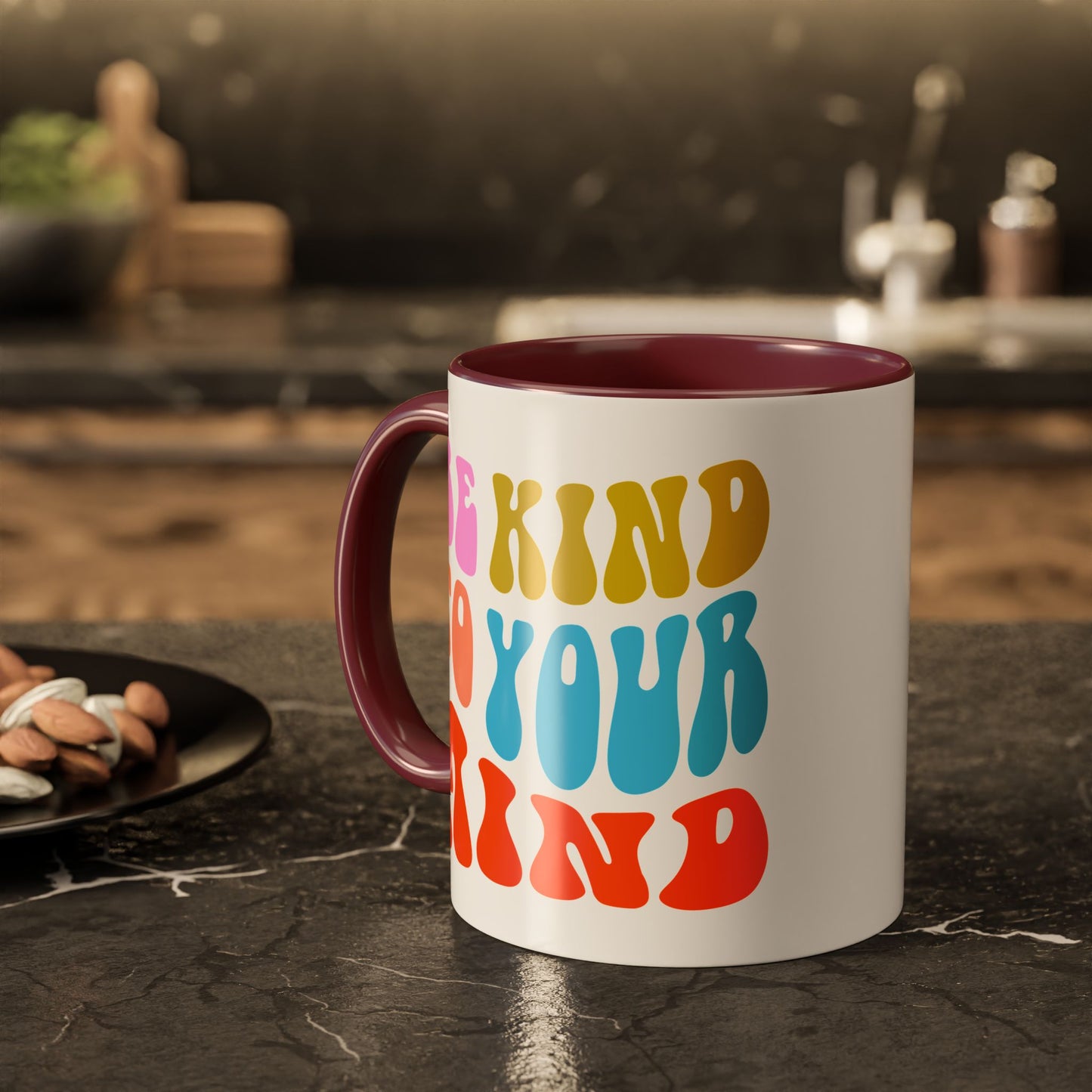 Be Kind To Your Mind Accent Mug – Retro Rainbow Letters | 11oz 15oz Multiple colors