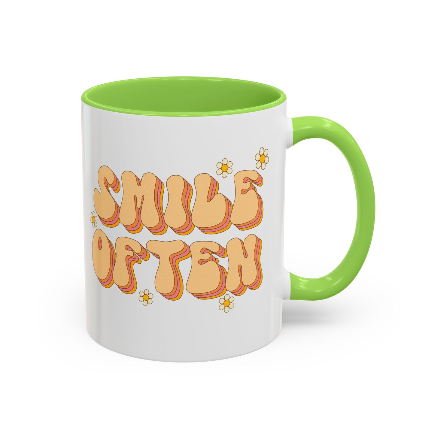 Smile Often Accent Mug – Retro Daisy Letters | 11oz 15oz colored Handle