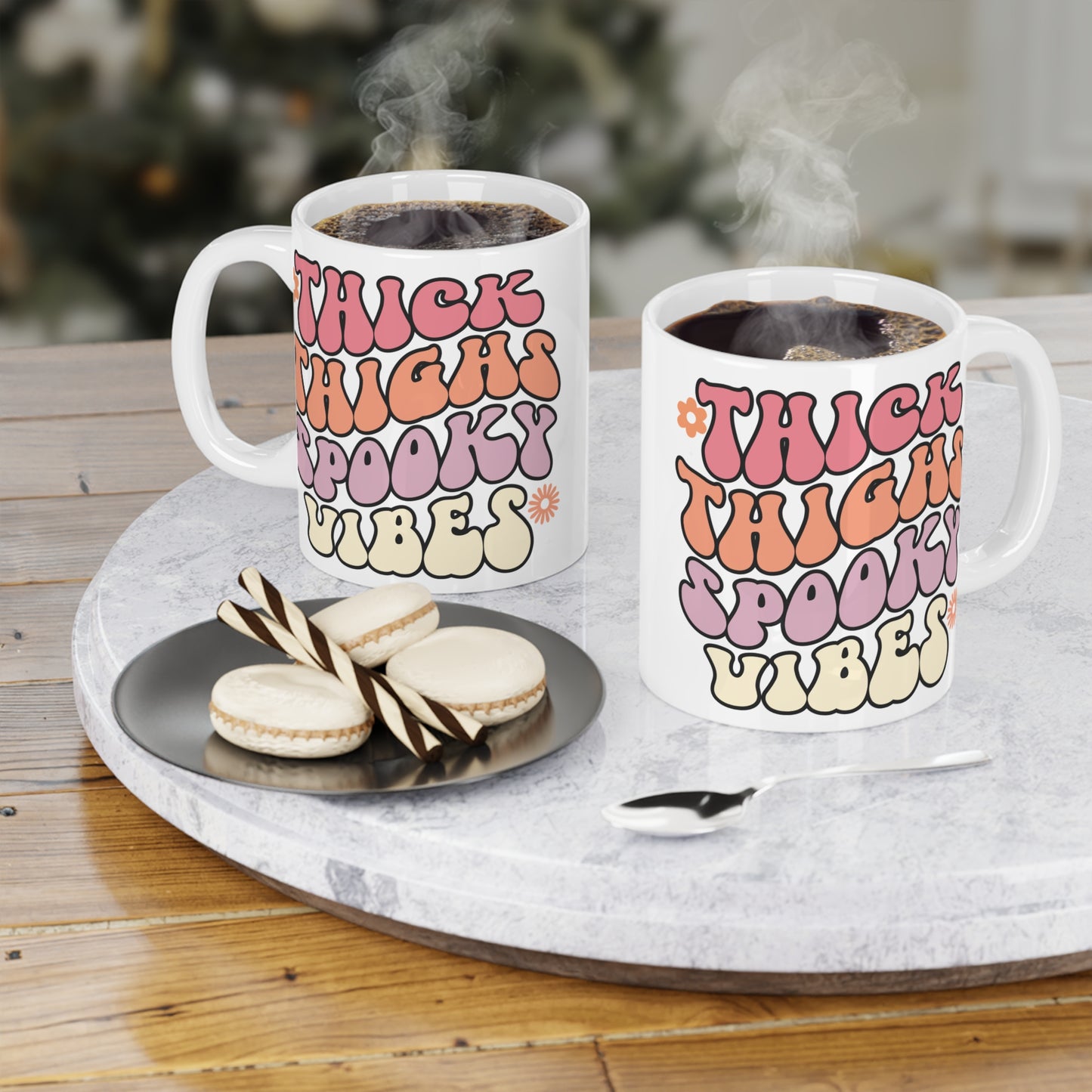 Thick Thighs Spooky Vibes Coffee Mug – White Ceramic | Halloween Groovy Vibes
