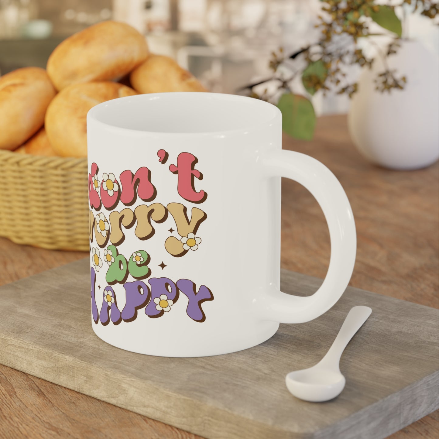 Don’t Worry Be Happy Groovy Mug – Retro 70s Positive Vibes Coffee Cup (11oz/15oz/20oz)