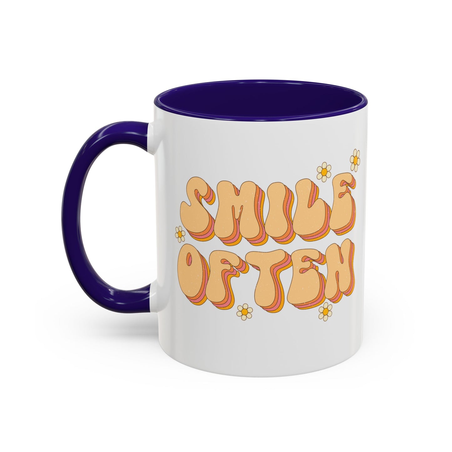 Smile Often Accent Mug – Retro Daisy Letters | 11oz 15oz colored Handle