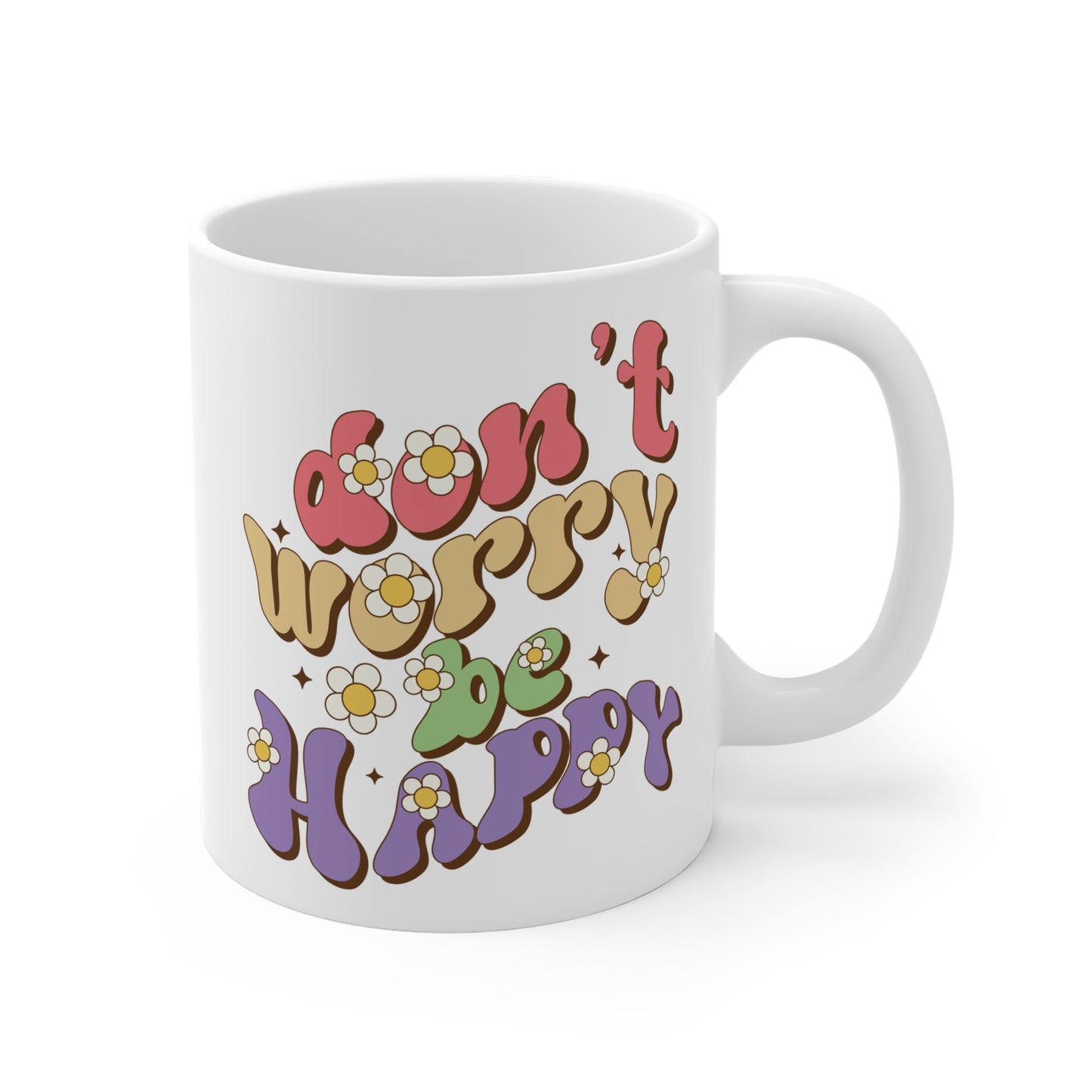 Don’t Worry Be Happy Groovy Mug – Retro 70s Positive Vibes Coffee Cup (11oz/15oz/20oz)