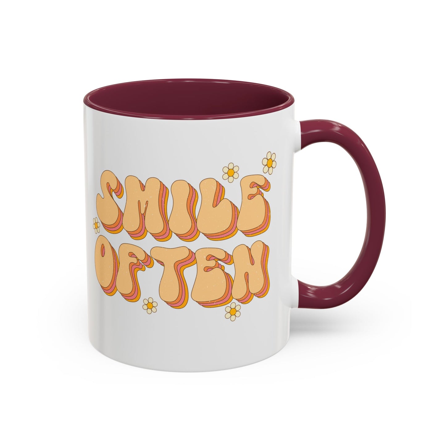 Smile Often Accent Mug – Retro Daisy Letters | 11oz 15oz colored Handle