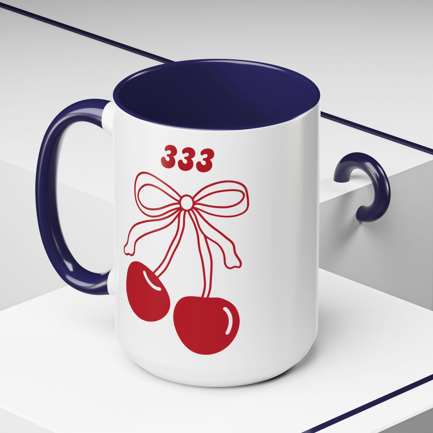333 Angel Number Cherries Accent Mug – Coquette Bow | Kawaii Coffee Mug | 11oz 15oz — Black, Red, Navy, Pink, Light Blue