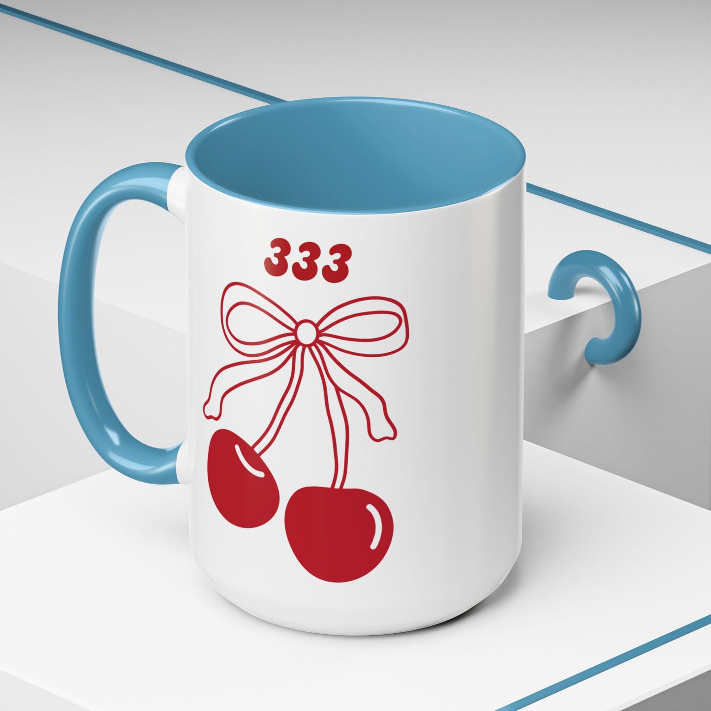 333 Angel Number Cherries Accent Mug – Coquette Bow | Kawaii Coffee Mug | 11oz 15oz — Black, Red, Navy, Pink, Light Blue