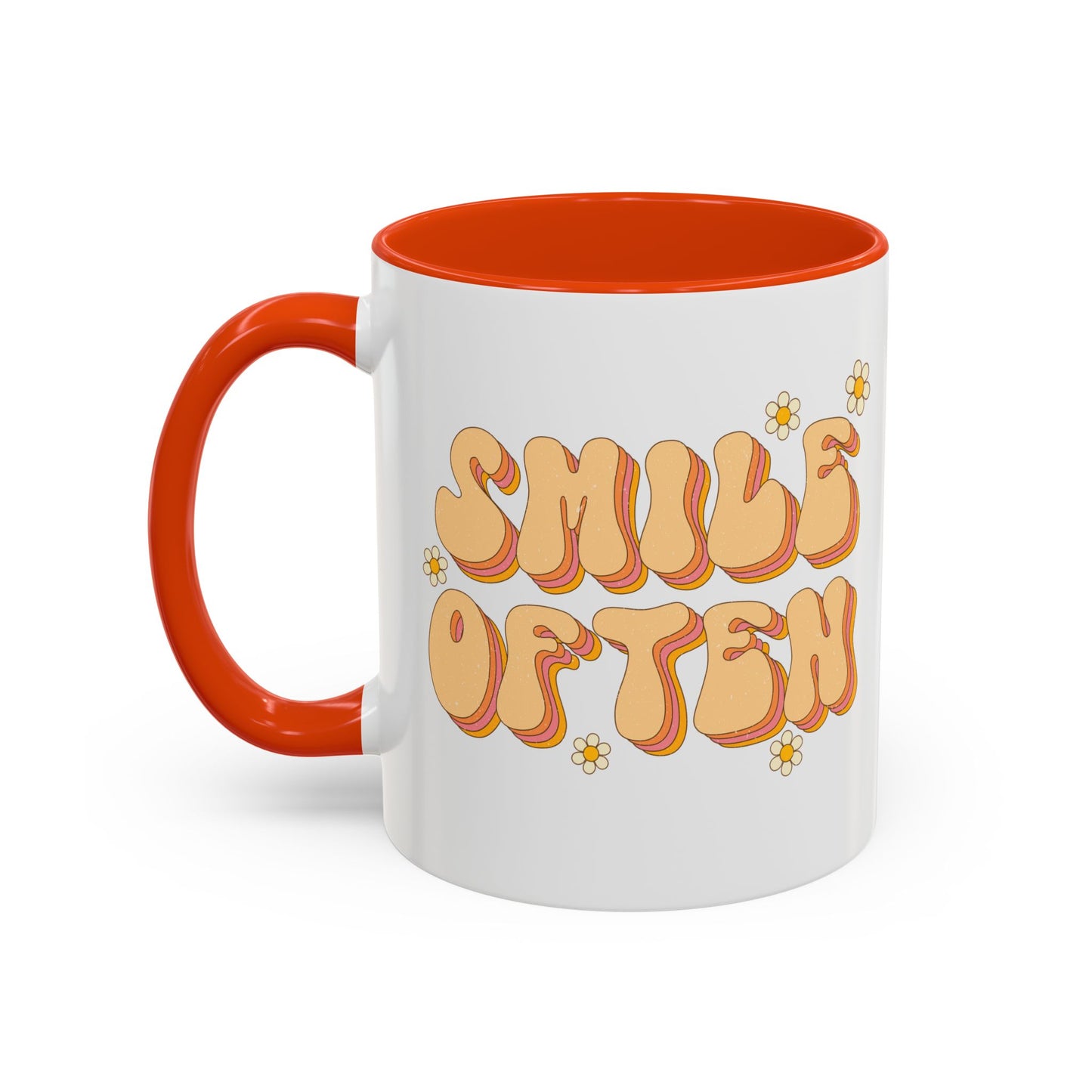 Smile Often Accent Mug – Retro Daisy Letters | 11oz 15oz colored Handle