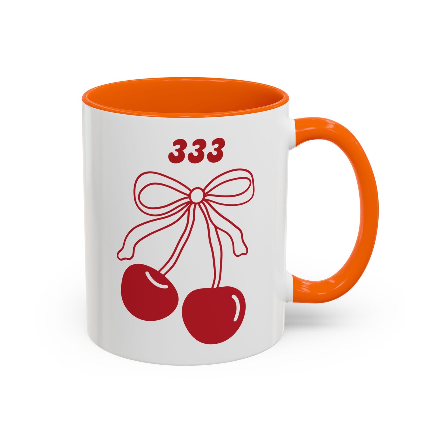 333 Angel Number Cherries Accent Mug – Coquette Bow | Kawaii Coffee Mug | 11oz 15oz — Black, Red, Navy, Pink, Light Blue