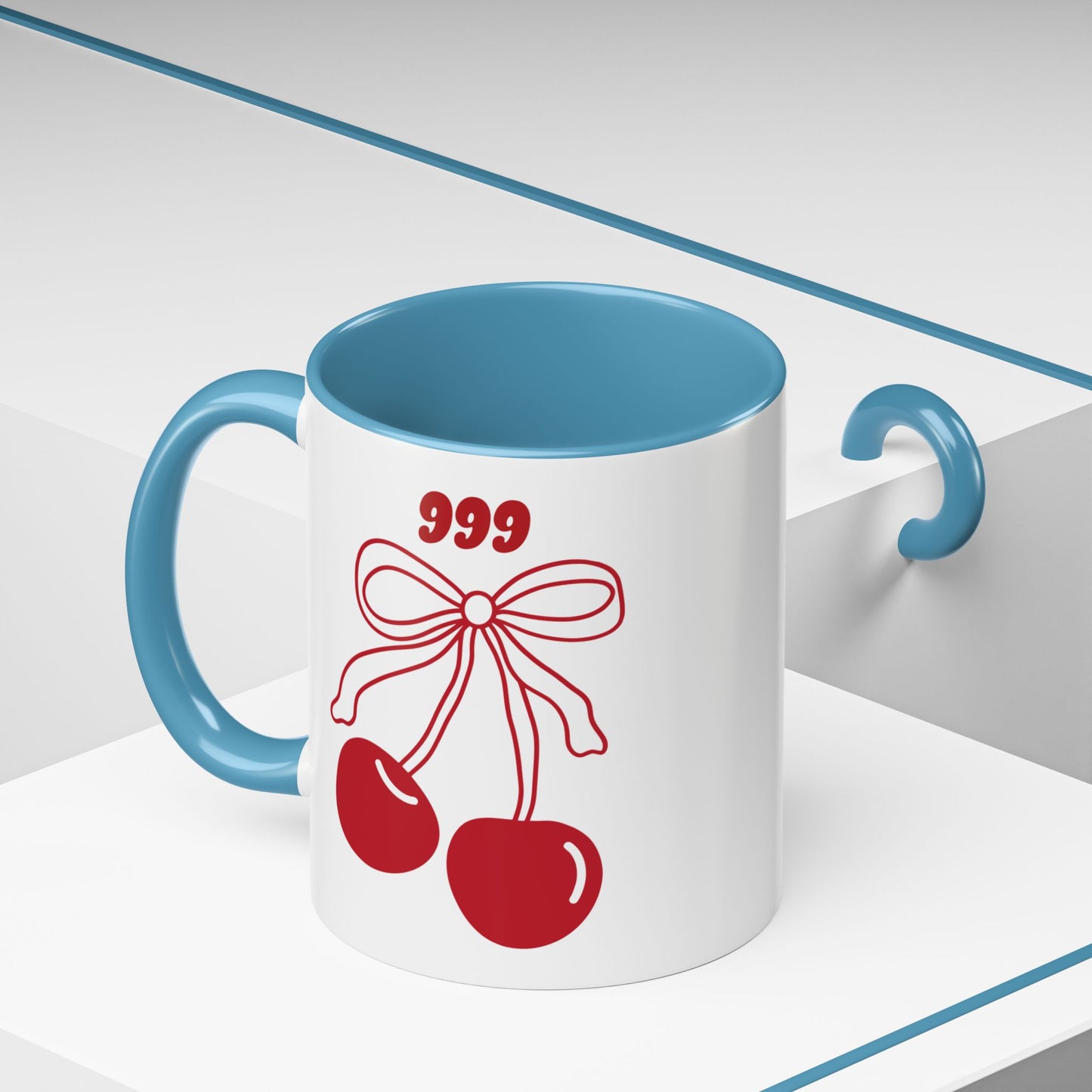 999 Angel Number Cherries Accent Mug – Coquette Bow Kawaii | 11oz 15oz — Black, Navy, Pink, Red, Light Blue, Orange