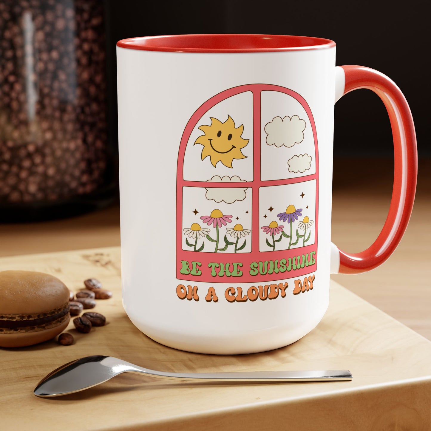 Be The Sunshine Coffee Mug 15oz - Cloudy Day Inspiration, Sun & Flower Window Design, Motivational Drinkware - Uplifting Gift Idea