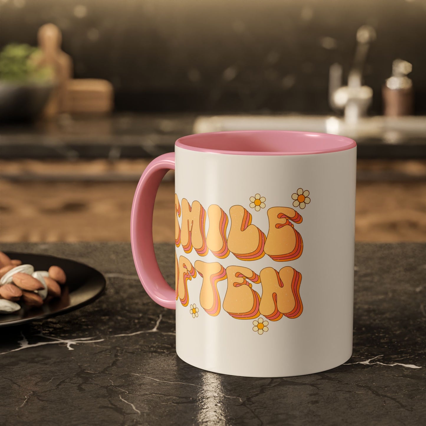 Smile Often Accent Mug – Retro Daisy Letters | 11oz 15oz colored Handle
