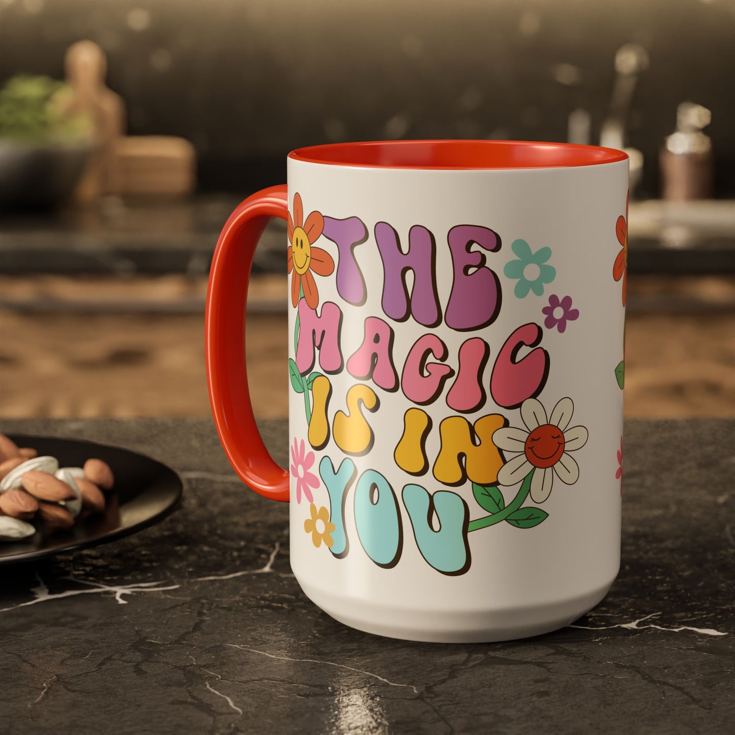 The Magic Is In You Accent Mug – Retro Flower Lettering | 11oz 15oz Colored Handle