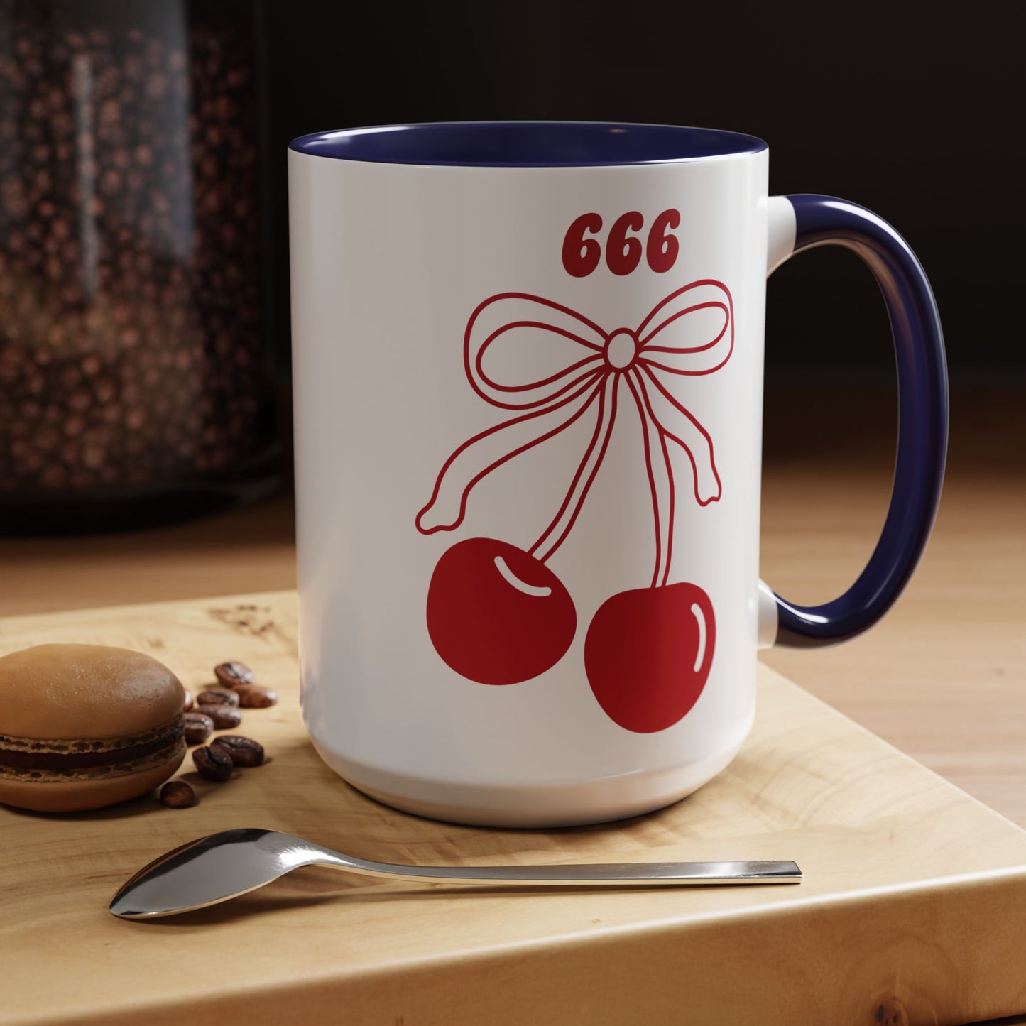 666 Angel Number Cherries Accent Mug – Coquette Bow Kawaii | 11oz 15oz — Pink, Red, Light Blue, Orange, Purple, Yellow