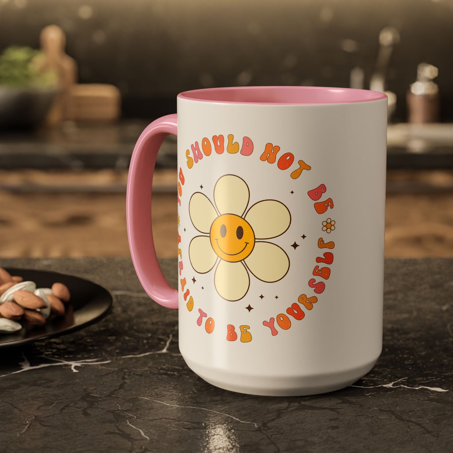 Don’t Be Afraid To Be Yourself Accent Mug – Smiley Flower | 11oz 15oz Colored Handle