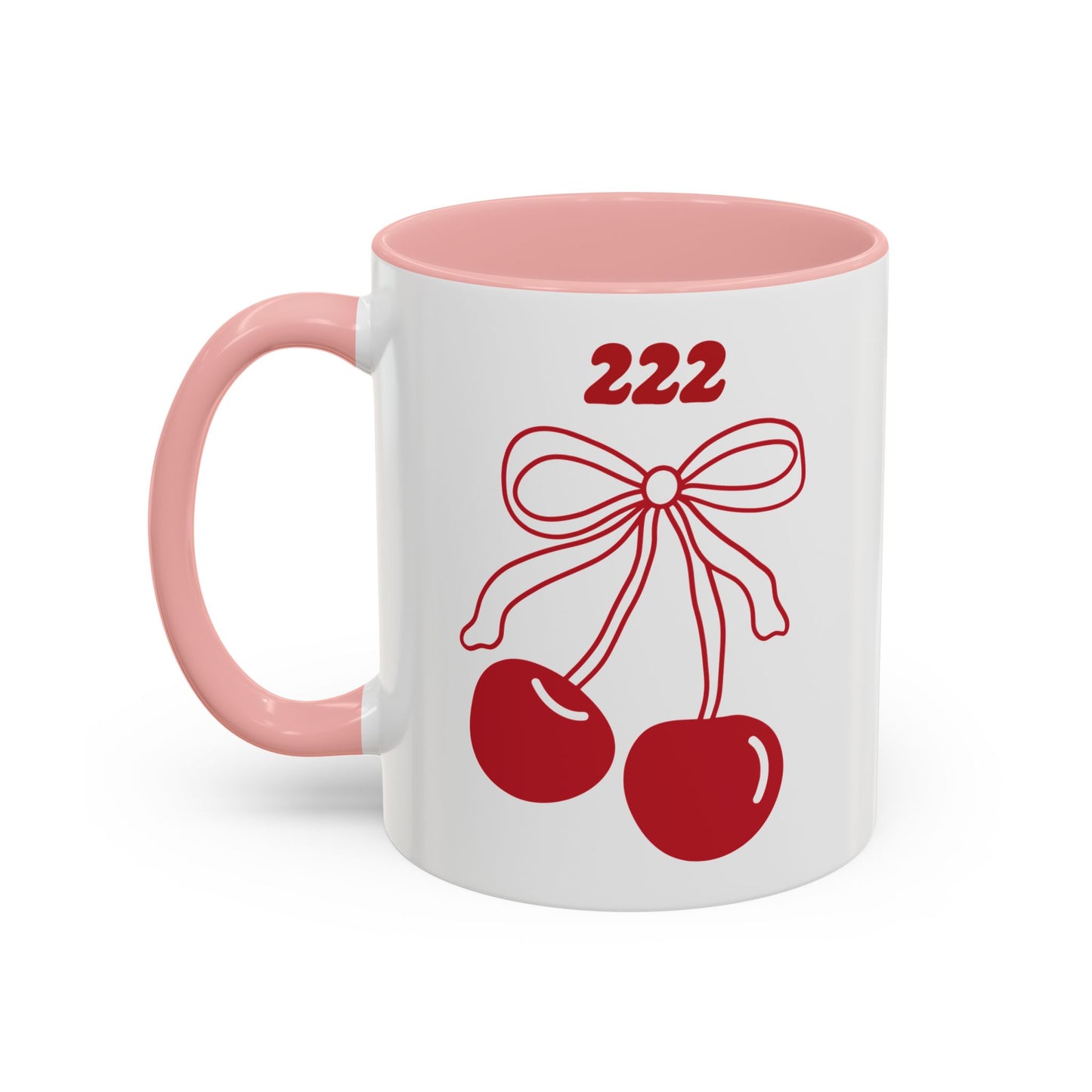 222 Angel Number Cherries Accent Mug – Coquette Bow Kawaii Coffee Mug | 11oz 15oz — Black, Navy, Pink, Red, Light Blue
