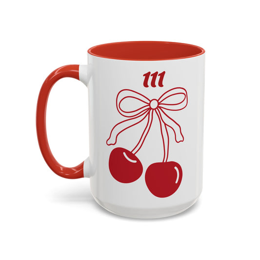 111 Angel Number Cherries Accent Mug – Coquette Bow Kawaii Coffee Mug Aesthetic | 11oz 15oz — Pink, Black, Purple, Yellow, Light Blue