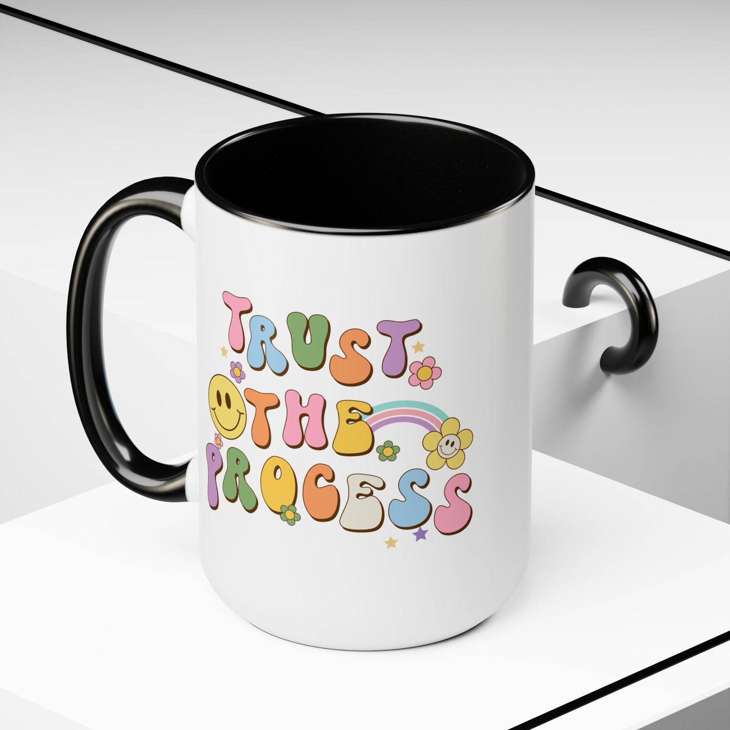 70s Retro Trust the Process Coffee Mug 15oz - Funky Multi-Color Ceramic Cup - Inspirational Motivation Drinkware - Gift for Goal Setters