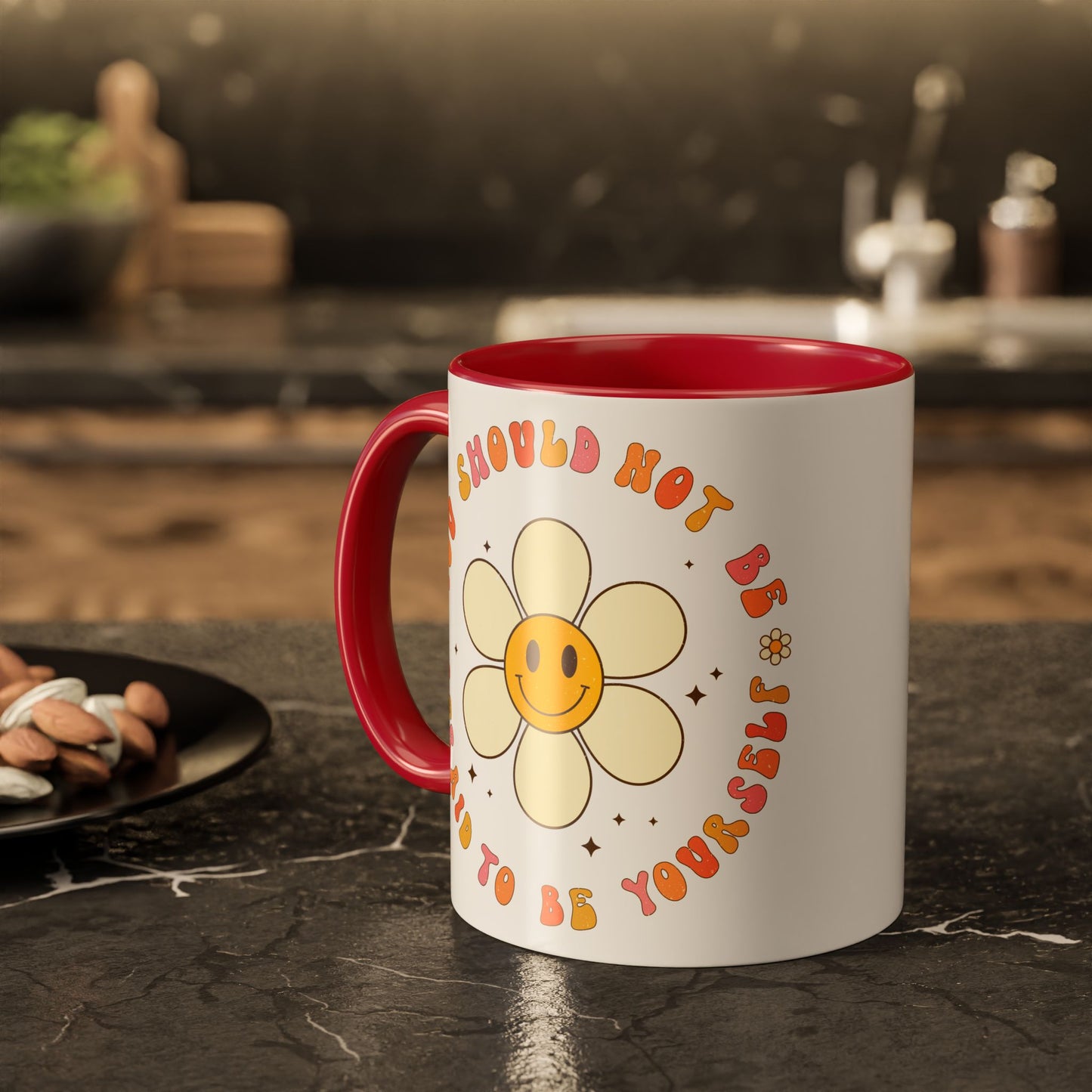 Don’t Be Afraid To Be Yourself Accent Mug – Smiley Flower | 11oz 15oz Colored Handle
