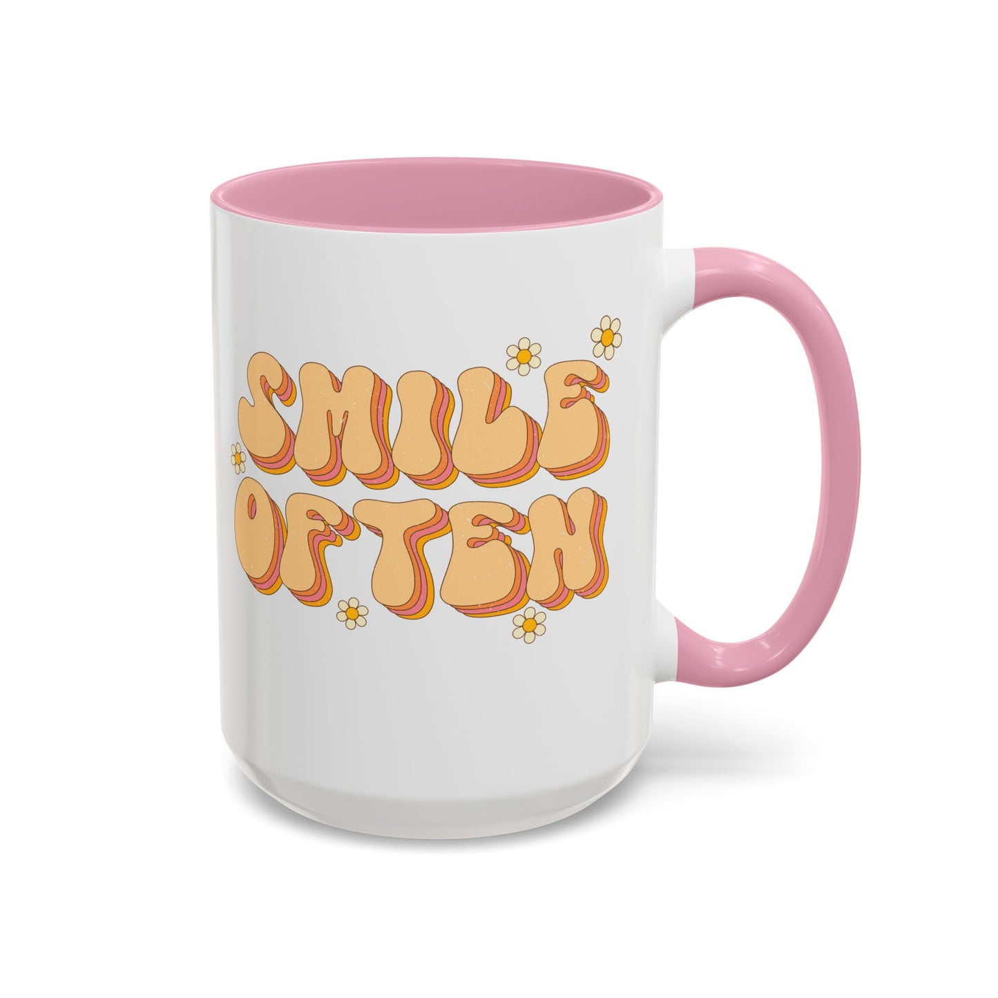 Smile Often Accent Mug – Retro Daisy Letters | 11oz 15oz colored Handle