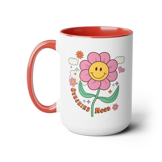 Sunshine Mood 70s Inspired Coffee Mug 15oz - Groovy Wavy Multicolor Font, Pink Flower Design - Vintage Style, Inspirational Drinkware