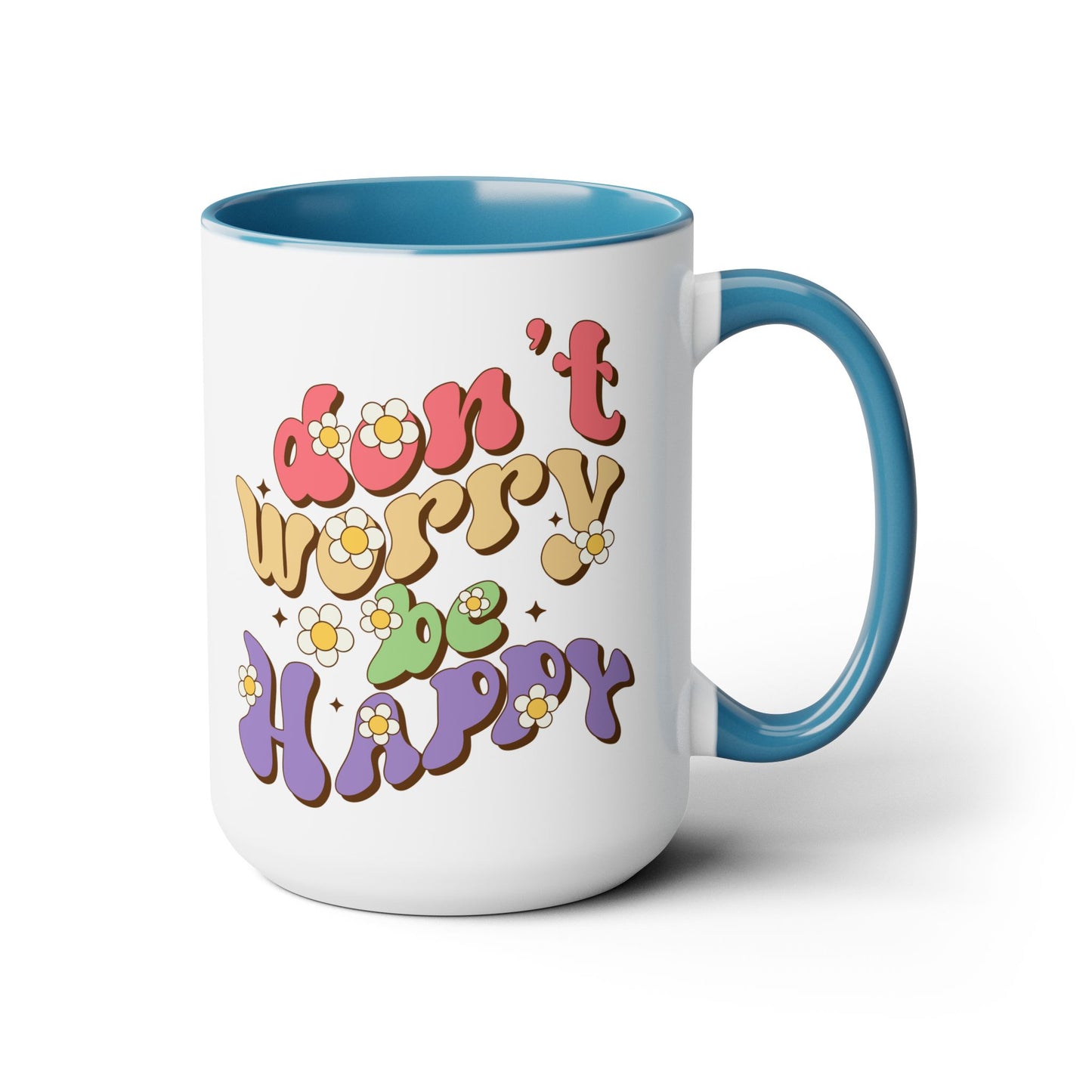 Groovy 70s Don't Worry Be Happy Coffee Mug 15oz - Retro Multicolor Wavy Font - Optimistic Message Cup - Joyful Gift, High Vibe Kitchenware