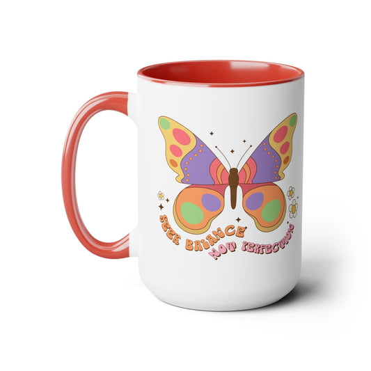 Seek Balance Not Perfection 70s Style Coffee Mug 15oz - Large Butterfly, Multicolor Groovy Font - Inspirational, Vintage Kitchenware Gift