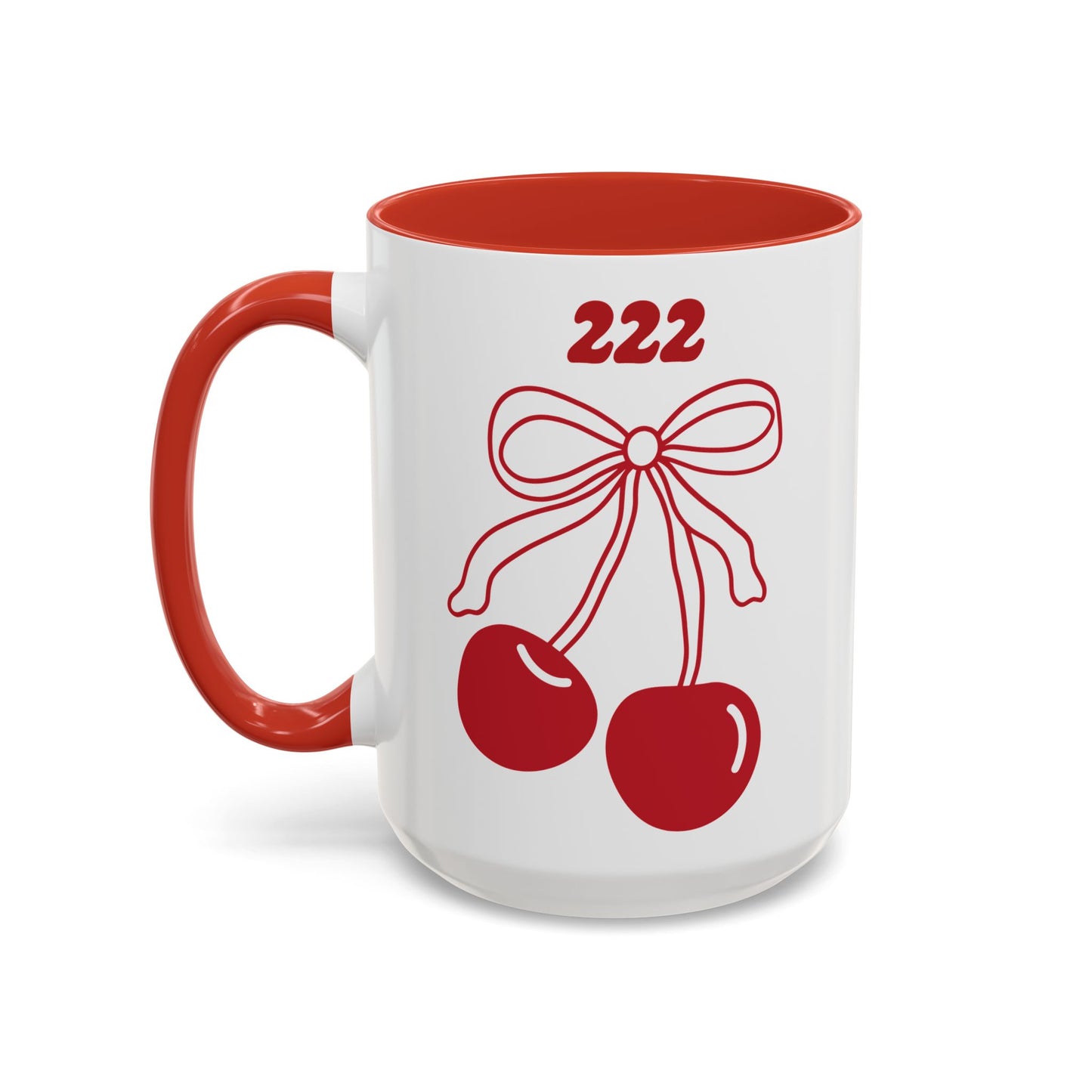 222 Angel Number Cherries Accent Mug – Coquette Bow Kawaii Coffee Mug | 11oz 15oz — Black, Navy, Pink, Red, Light Blue