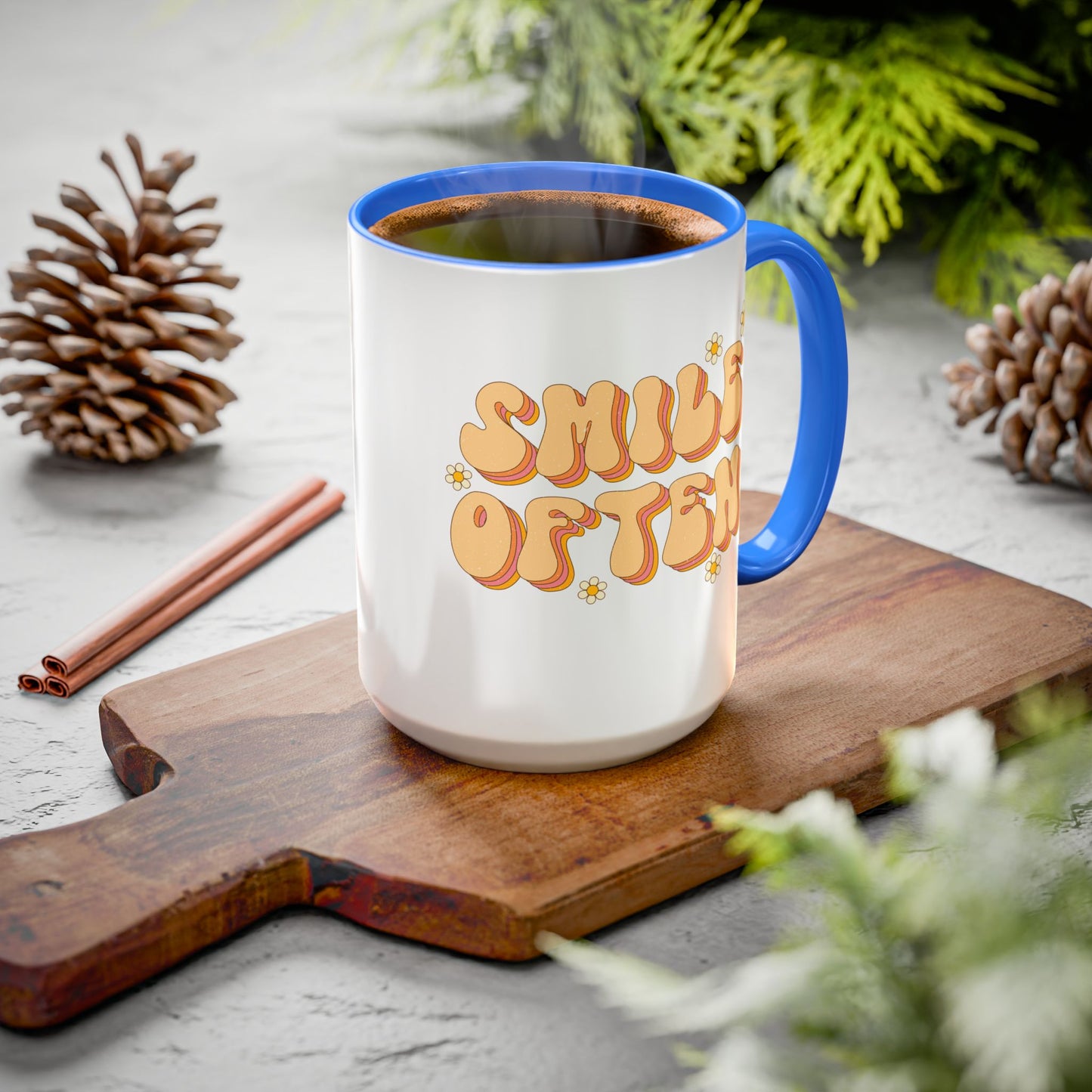 Smile Often Accent Mug – Retro Daisy Letters | 11oz 15oz colored Handle