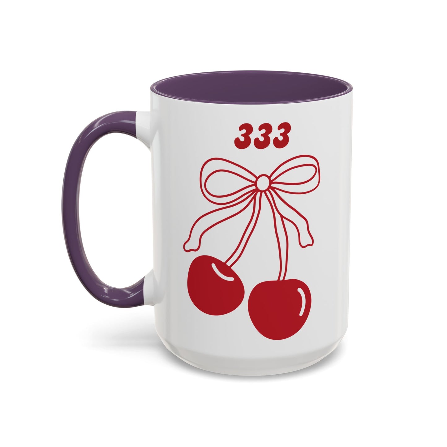 333 Angel Number Cherries Accent Mug – Coquette Bow | Kawaii Coffee Mug | 11oz 15oz — Black, Red, Navy, Pink, Light Blue