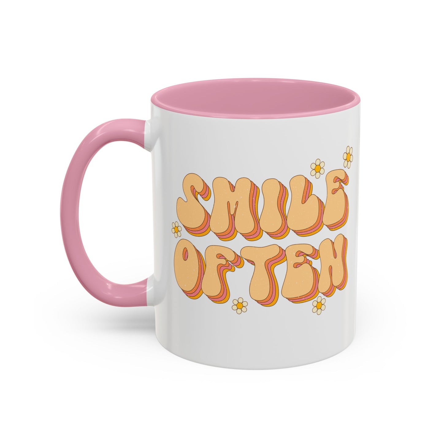 Smile Often Accent Mug – Retro Daisy Letters | 11oz 15oz colored Handle