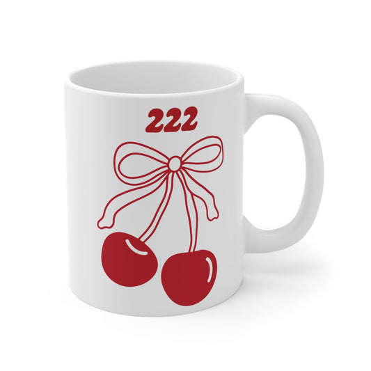 222 Angel Number Cherries Coffee Mug – Coquette Bow Minimal | Kawaii Coffee Mug | 11oz 15oz 20oz White Ceramic