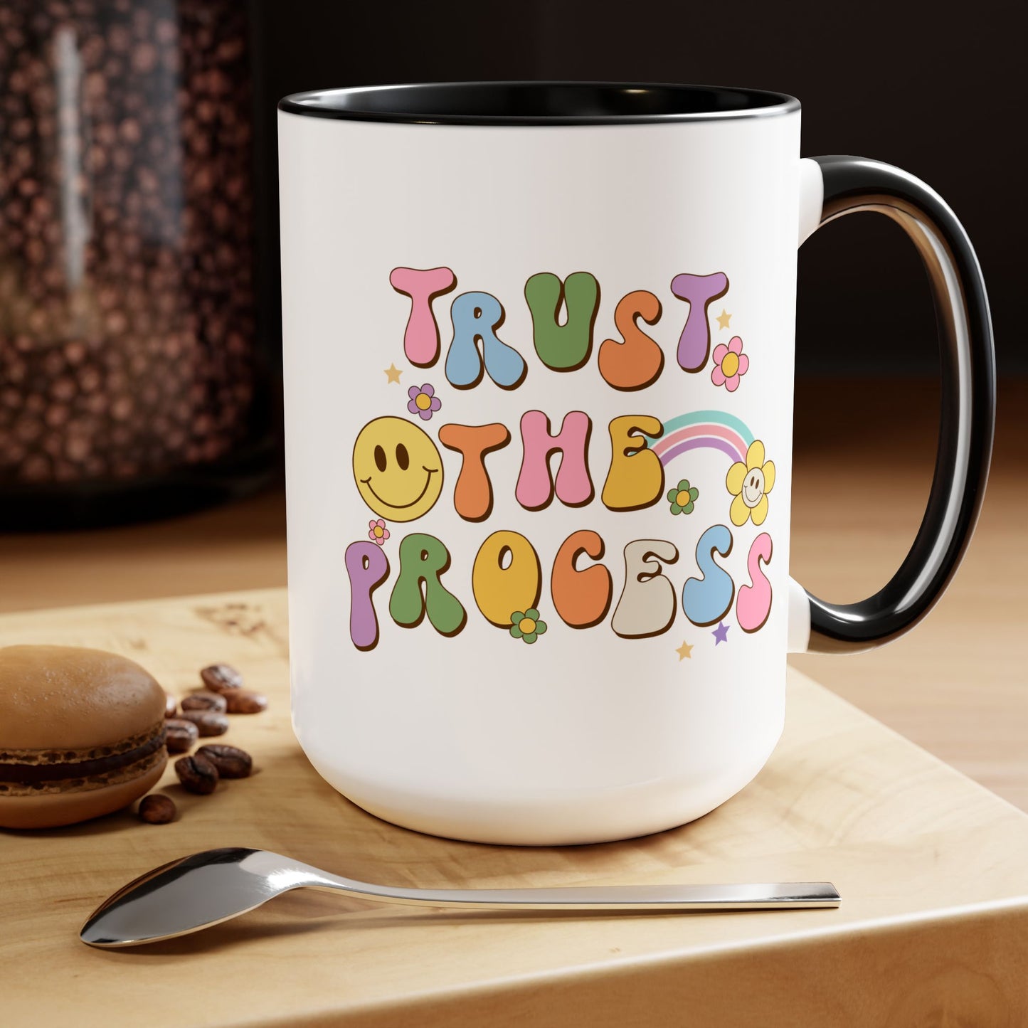 70s Retro Trust the Process Coffee Mug 15oz - Funky Multi-Color Ceramic Cup - Inspirational Motivation Drinkware - Gift for Goal Setters