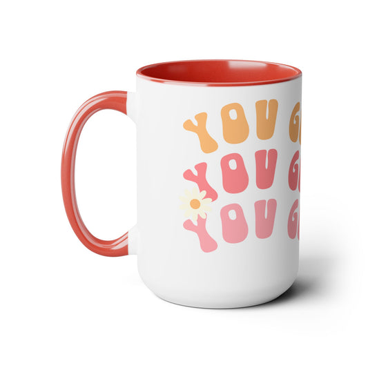 You Got This Groovy 70s Themed Coffee Mug 15oz - Multi-Pink Retro Style Ceramic Cup - Inspirational Positivity Boosting Drinkware