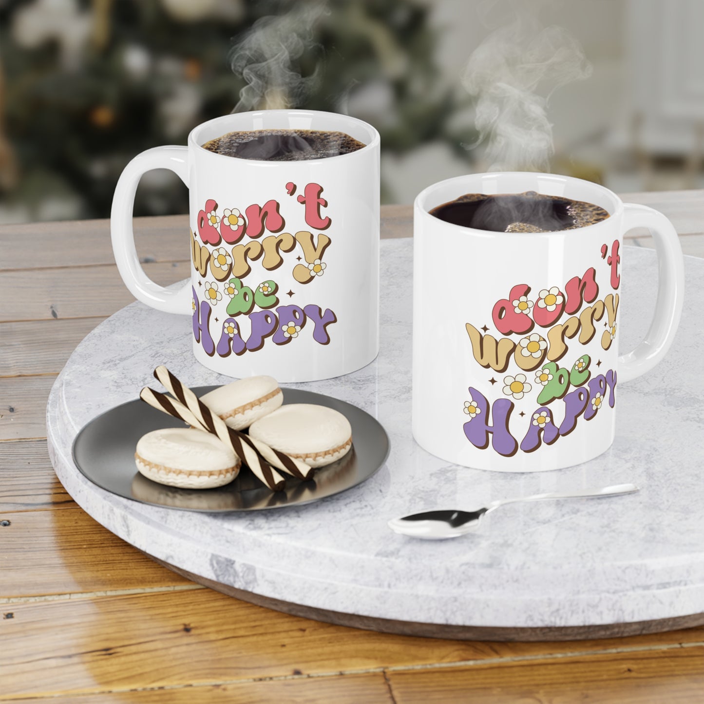 Don’t Worry Be Happy Groovy Mug – Retro 70s Positive Vibes Coffee Cup (11oz/15oz/20oz)