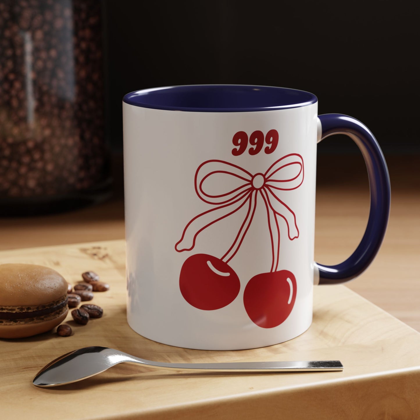 999 Angel Number Cherries Accent Mug – Coquette Bow Kawaii | 11oz 15oz — Black, Navy, Pink, Red, Light Blue, Orange