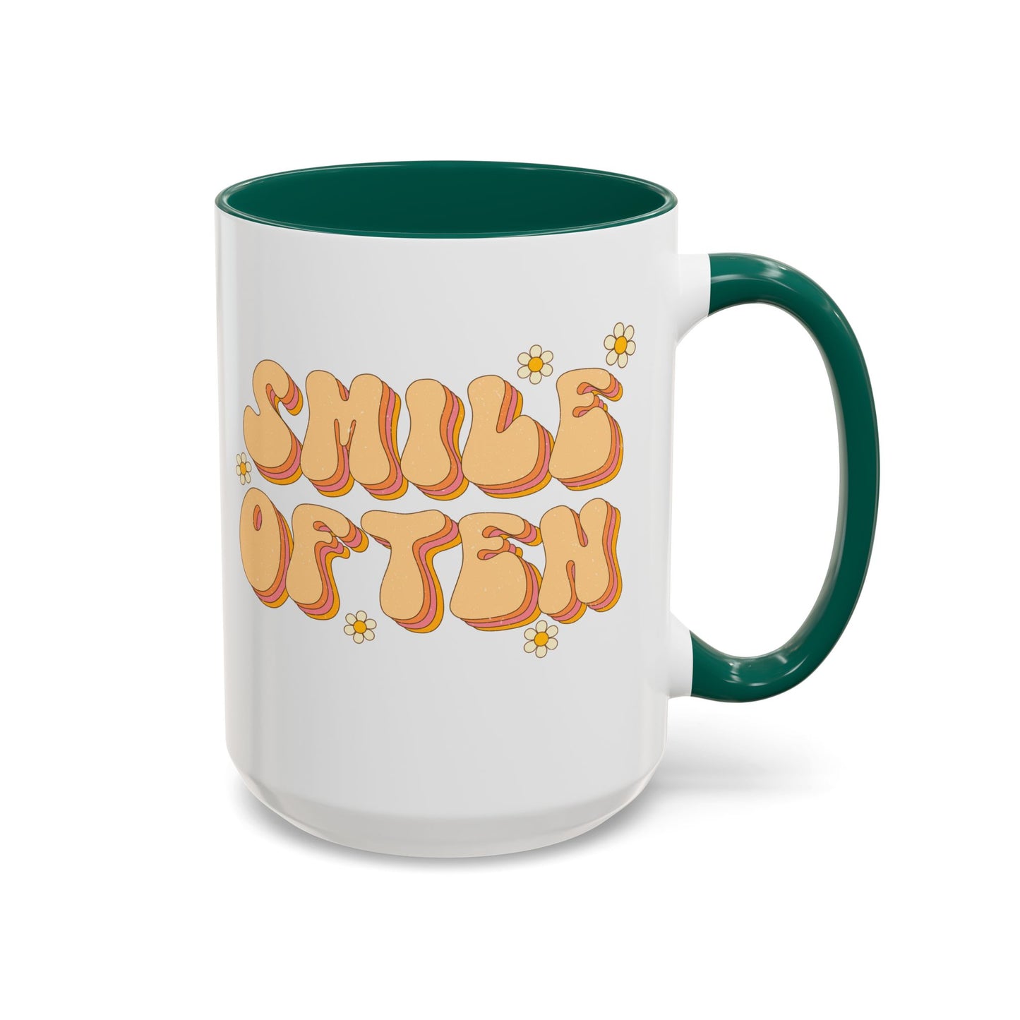 Smile Often Accent Mug – Retro Daisy Letters | 11oz 15oz colored Handle