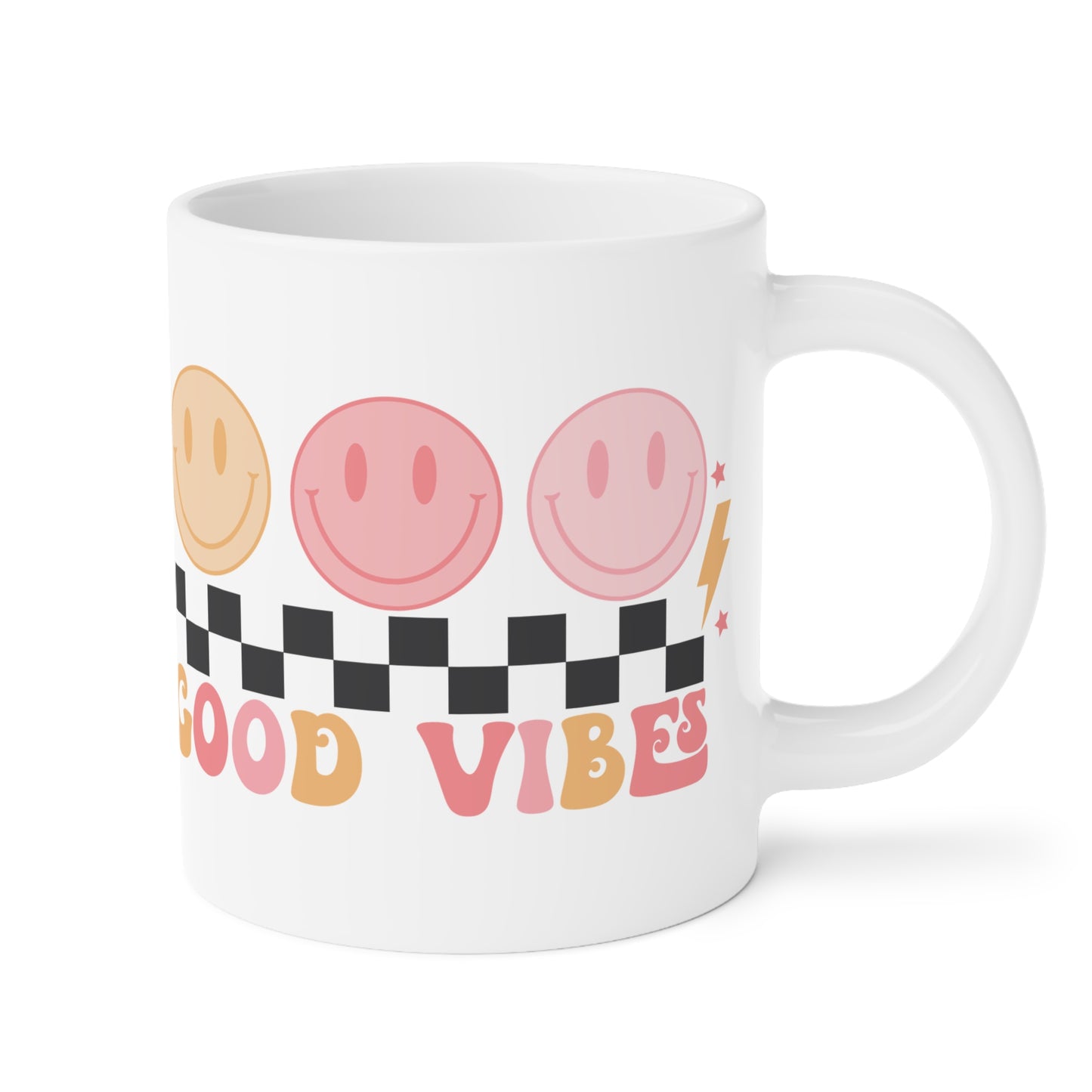 Good Vibes Psychedelic Coffee Mug 20oz - Pink Typography, Black-White Checkered with Smiling Faces - Retro Love, Radiate Positivity