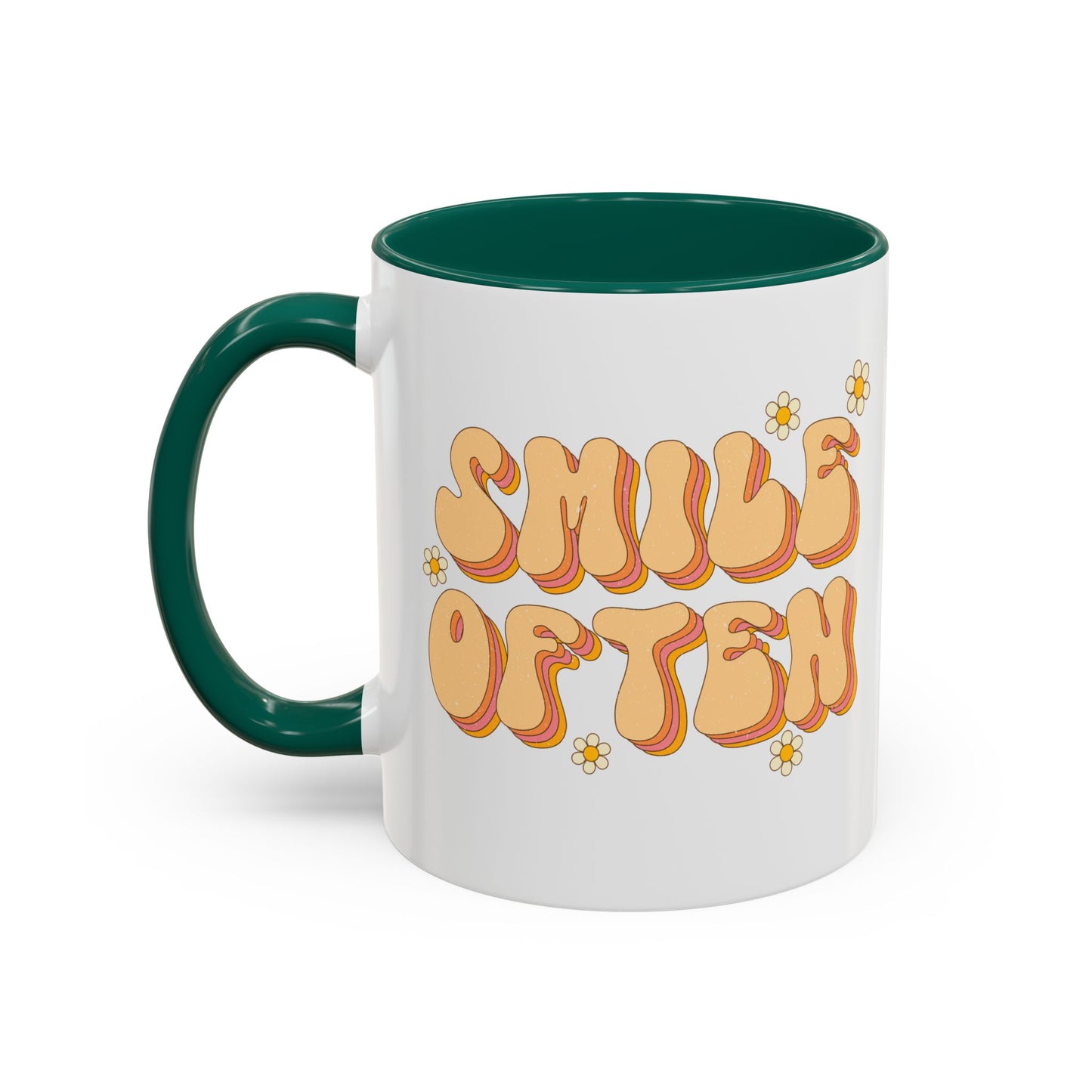 Smile Often Accent Mug – Retro Daisy Letters | 11oz 15oz colored Handle