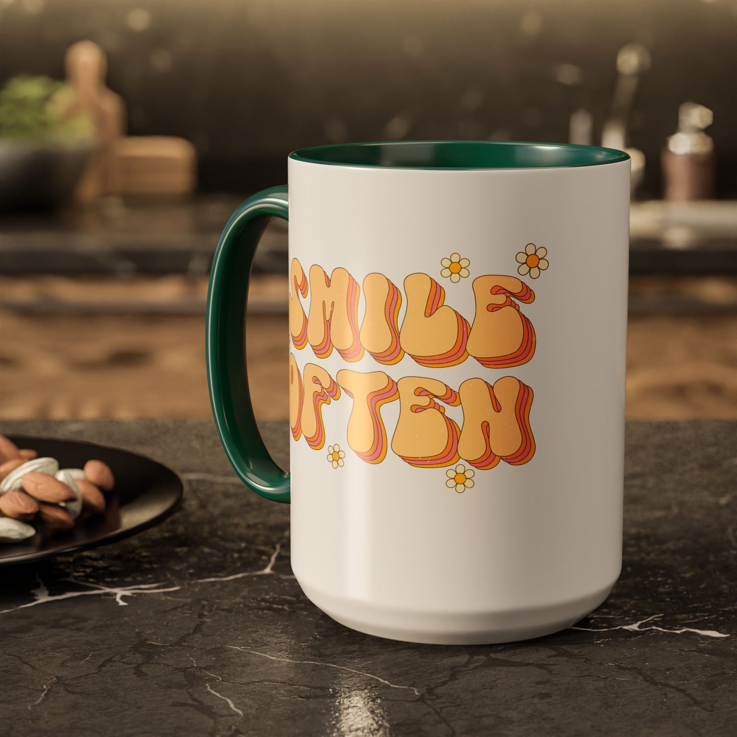 Smile Often Accent Mug – Retro Daisy Letters | 11oz 15oz colored Handle