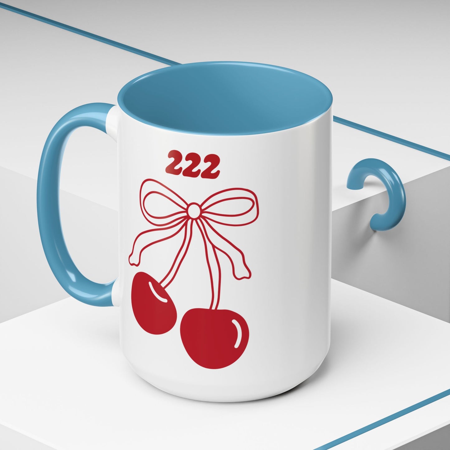 222 Angel Number Cherries Accent Mug – Coquette Bow Kawaii Coffee Mug | 11oz 15oz — Black, Navy, Pink, Red, Light Blue
