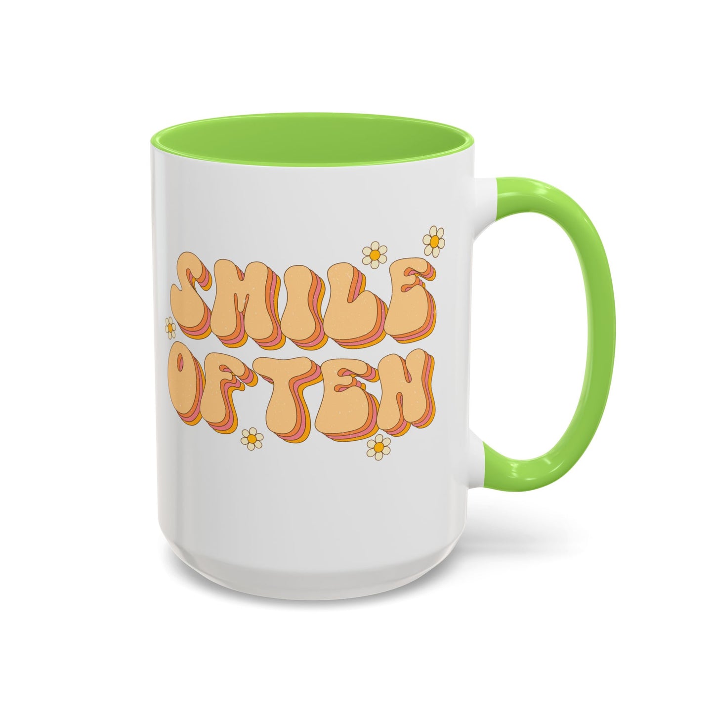 Smile Often Accent Mug – Retro Daisy Letters | 11oz 15oz colored Handle